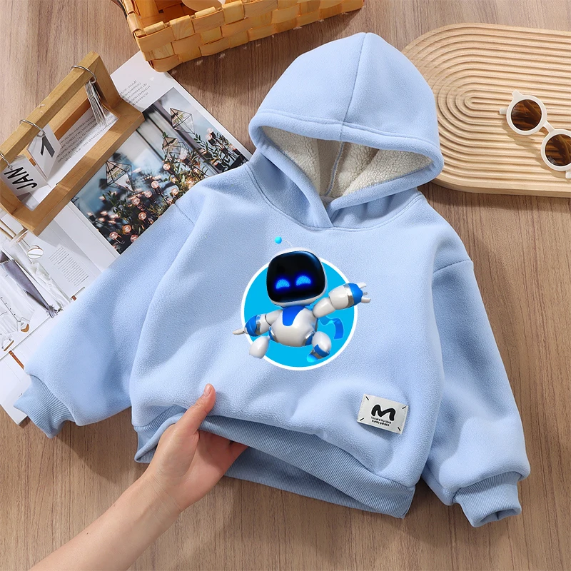 New Astro Bot Sweatshirt Boys Cute Cartoon Anime Pullover Hoodies Winter Outdoor Warm Thick Sports Top Coat Child Clothing Gifts