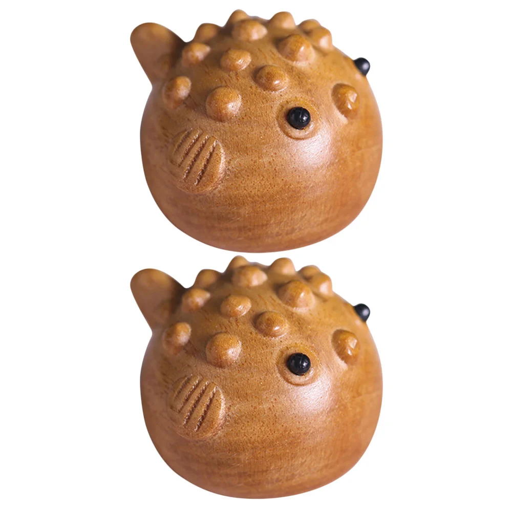 2 Pcs Ocean Animals Wooden Puffer Fish Chic Household Adornment Status Ornament