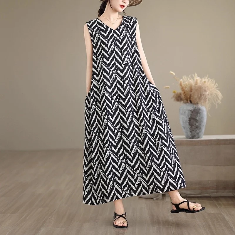 Simples sem mangas com decote em v colete vestido longo feminino verão casual sem mangas solto vestido tanque w172