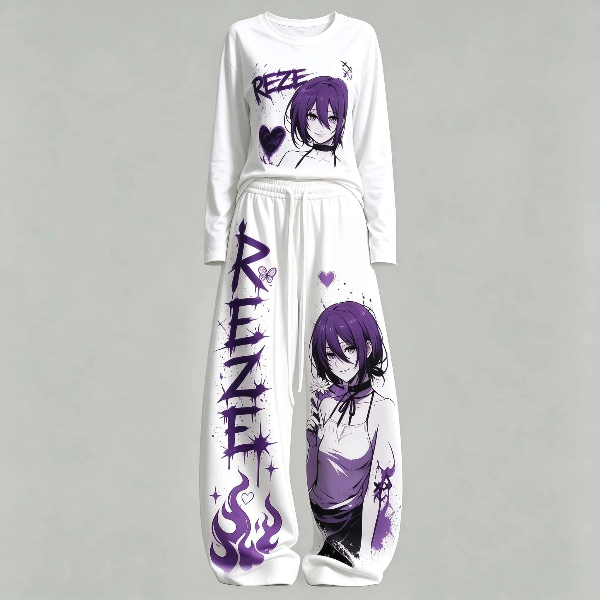 Chainsaw, Electric, Lacey, Anime, Printed Two Piece Set, Long Sleeve T-shirt, Wide Leg Pants Set, Casual Sports Pain Clothes
