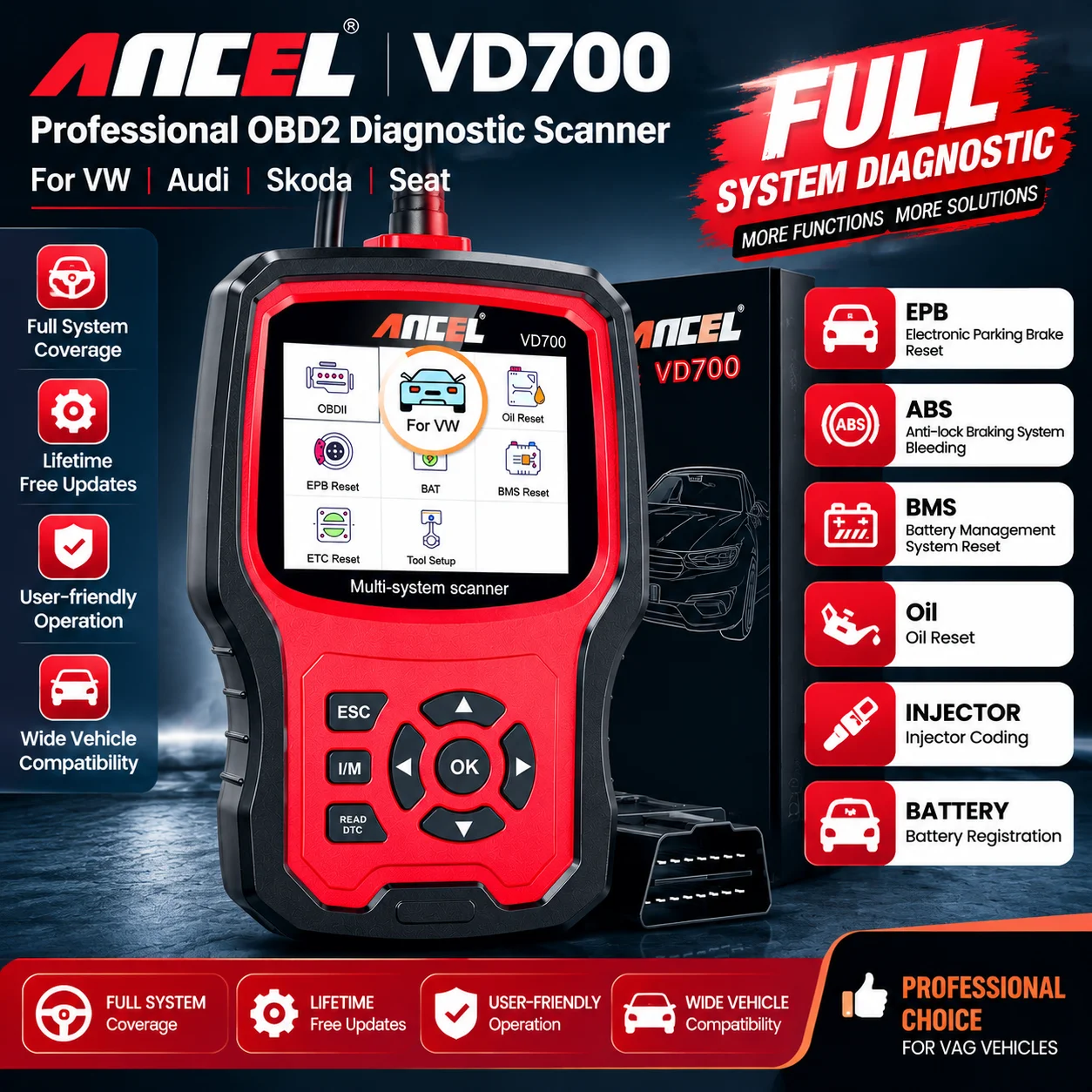 ANCEL VD700 OBD2 Diagnose-Codeleser Scan-Tool Passend für Volkswagen Audi VW Skoda Seat, Alle Funktionen OBD11 Scanner für VAG-Fahrzeuge mit Batterieregistrierung EPB-Reset Versand aus Polen