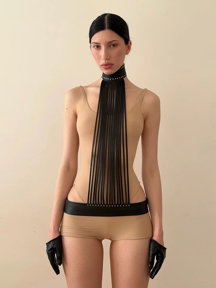 Sisterlinda Decoration Vest Women Fake Rivet Tassel Turtleneck Cross Bandage Sexy Hottie Wild Midnight Music Festival Streetwear