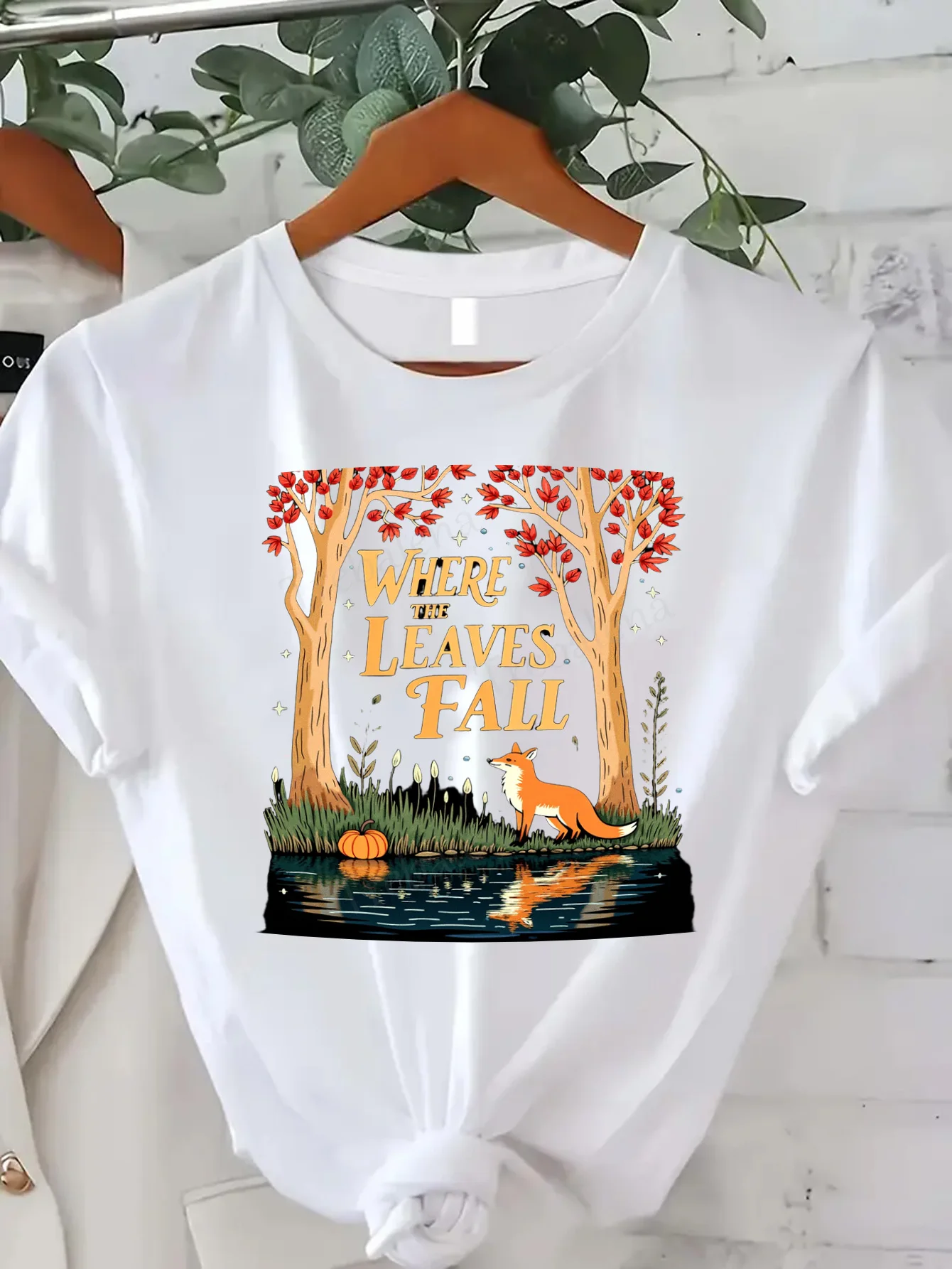 تي شيرت نسائي مريح مطبوع عليه خريف غابة الثعلب "أين يترك الخريف" تي شيرت مطبوع