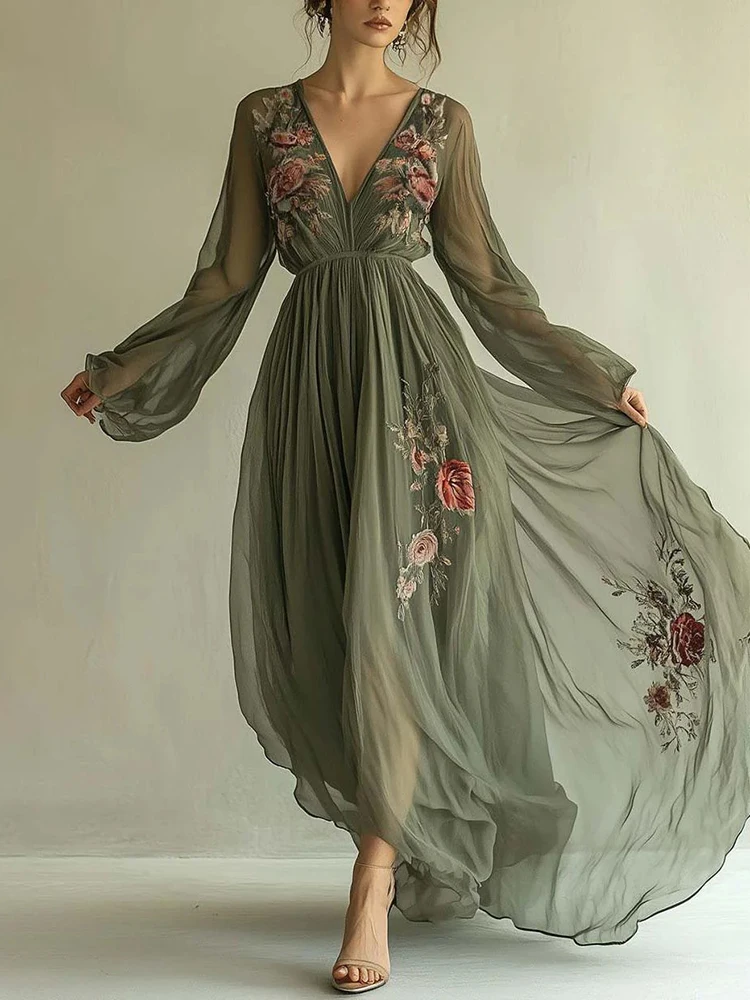 

summer women's long sleeved casual style polyester material 2025 new fashionable printed V-neck pullover dress