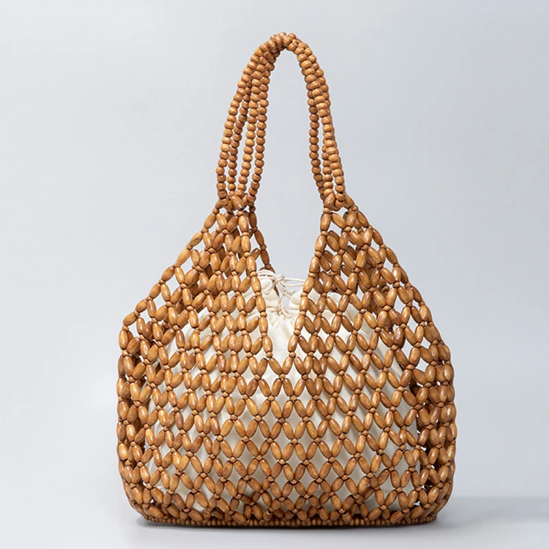 Simple Casual Handwoven Wooden Bead Handbag New Retro Versatile Summer Vacation Handheld Women\'s Shoulder Bags Water Bucket Bag