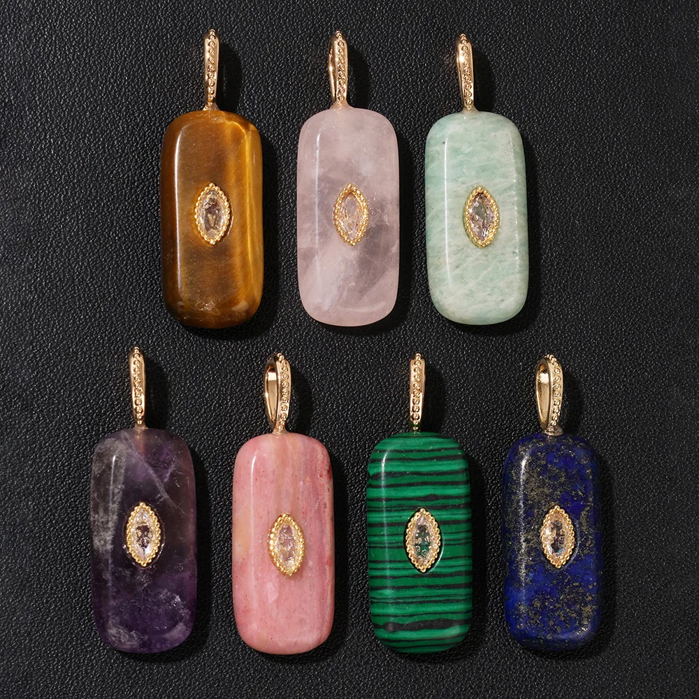 1PC Natural Rectangle Stone Pendant Tiger Eye Rose Quartz Amethyst Lapis Lazuli Malachite Charms For Jewelry Making DIY Necklace