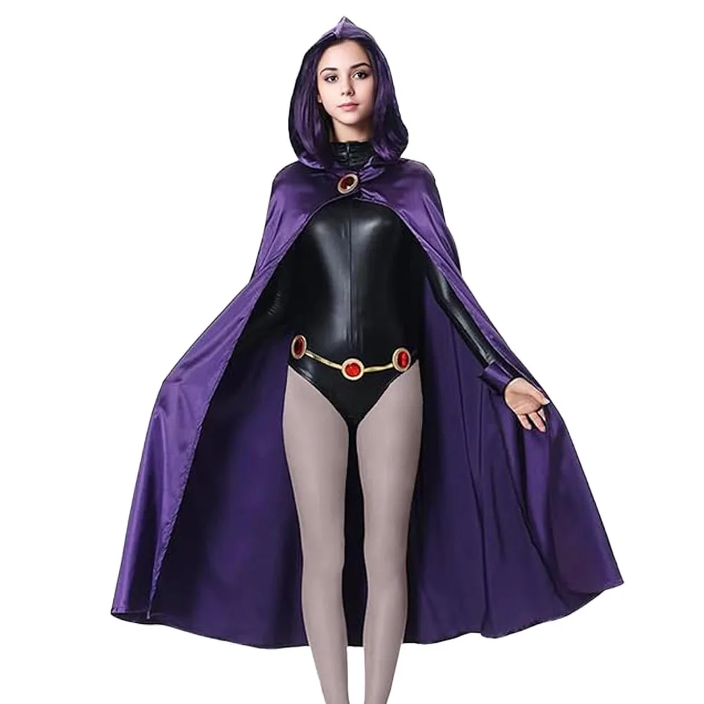 

Superhero Teen Titans Raven Cosplay Costume Jumpsuit Purple Cloak with Belt Halloween Carnival Dress Up Party Costumes Props