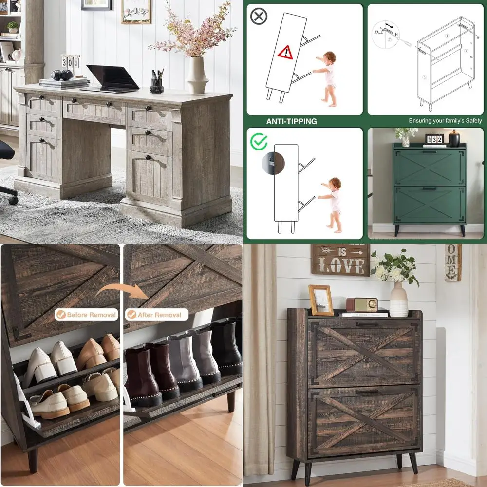 

Рабочий стол 60 с выдвижными ящиками, стол для домашнего офиса в стиле фермерского дома с зарядной станцией, подставкой для клавиатуры и шкафом для документов