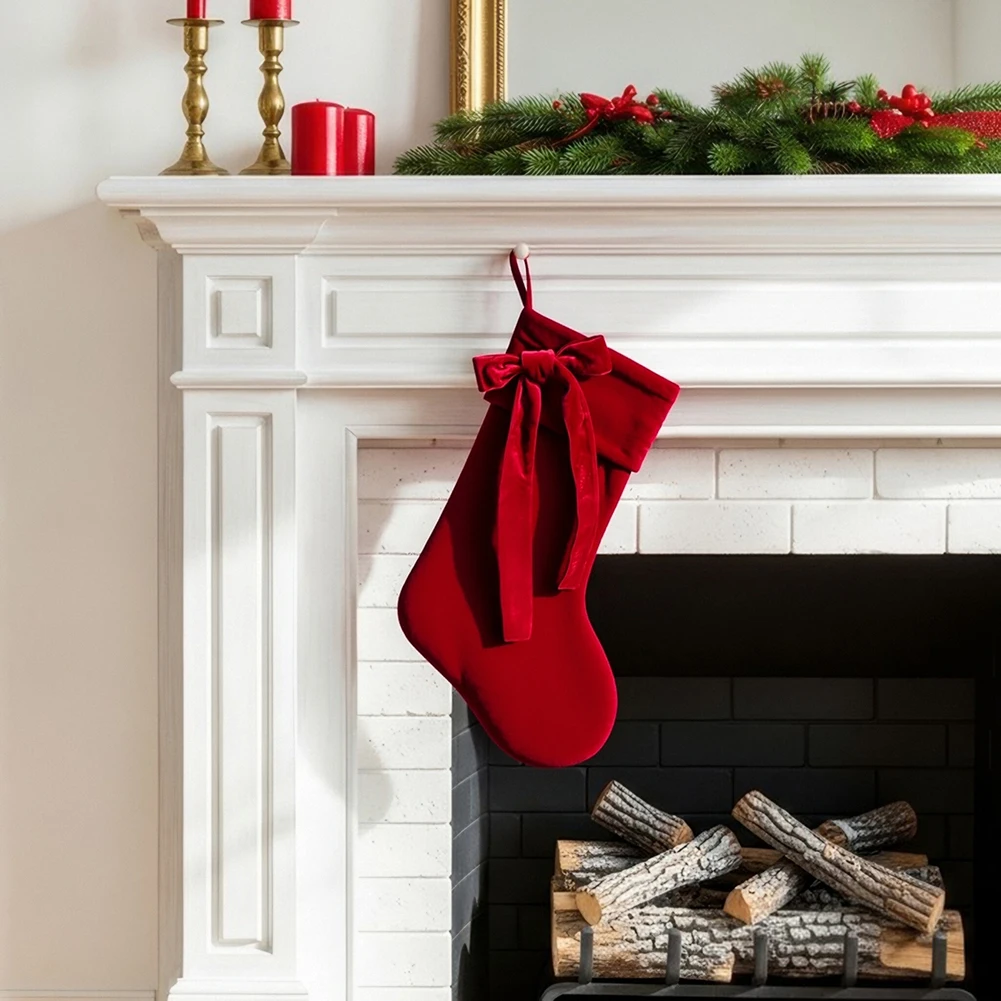 

Бархатные рождественские чулки с большими декоративными бантами, праздничные носки для хранения, индивидуальный декор для камина
