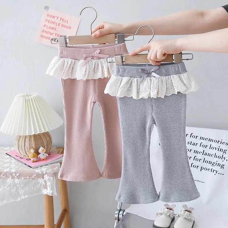 

2025 Autumn Children Girls Boot Cut Pants Knitted Lace Trim Infant Baby Girls Bell Bottom Butterfly Bow 1-6Y Girls Loose Pants
