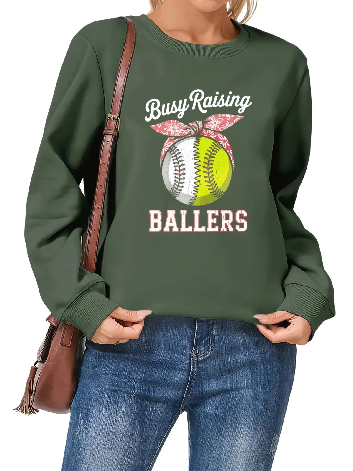 Women's Fashion Casual Softball Elements and Printed Text Pattern Round Neck Hoodie Suitable for Parties Holidays Gift Pullovers