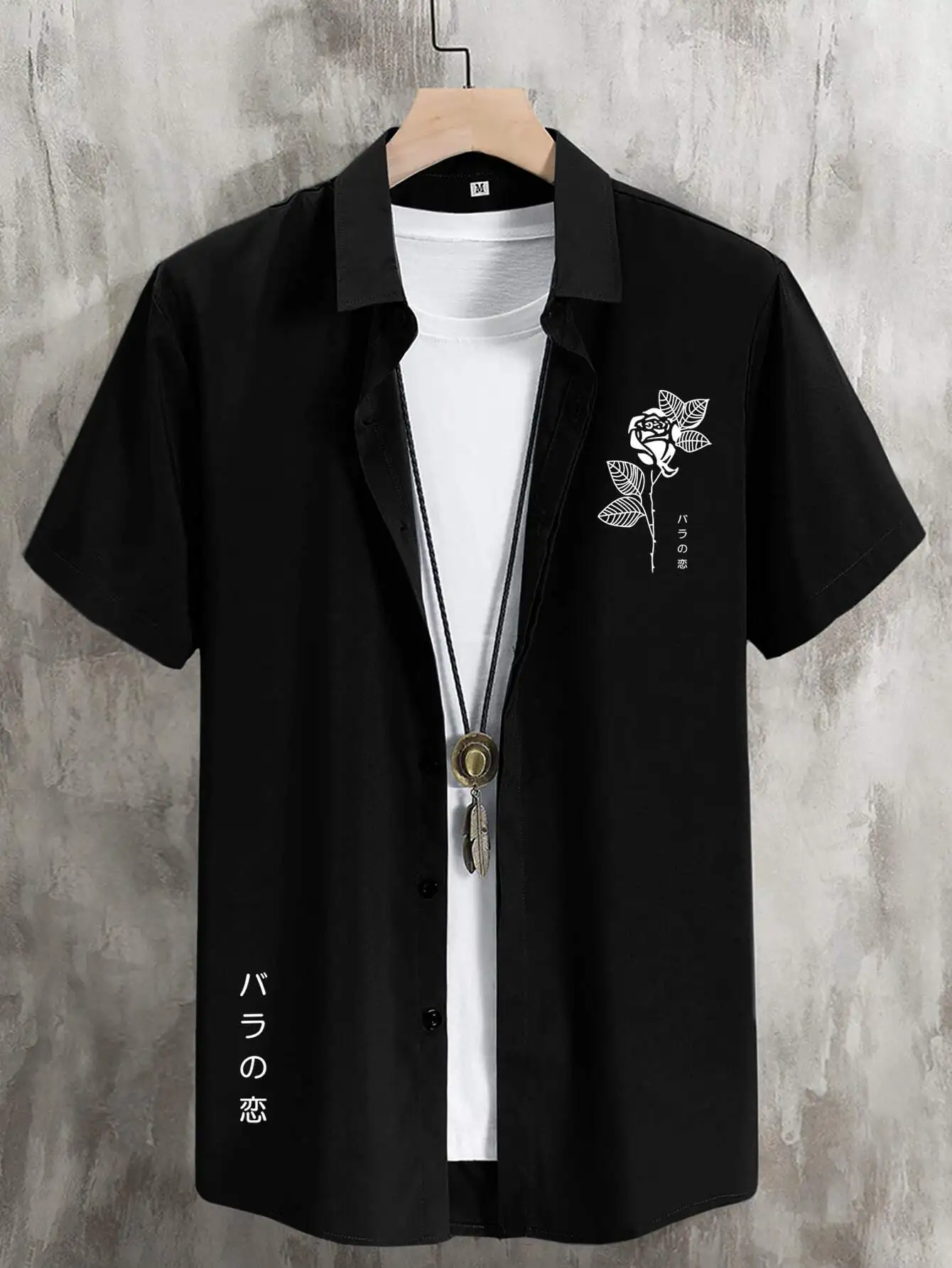 

Black Short Sleeve Button-Up Shirt with White Floral Print and Japanese Script