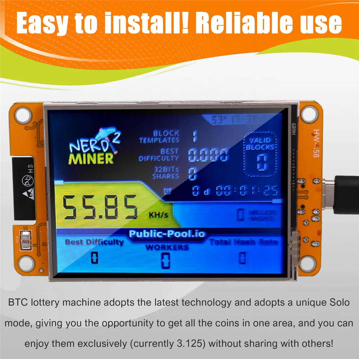 LYSP NerdMiner 2 Miner 55-60KH/S BTC Lottery Solo Miner 2.8 Inch Display Bitcoin BTC Miner Solo Nerd Miner