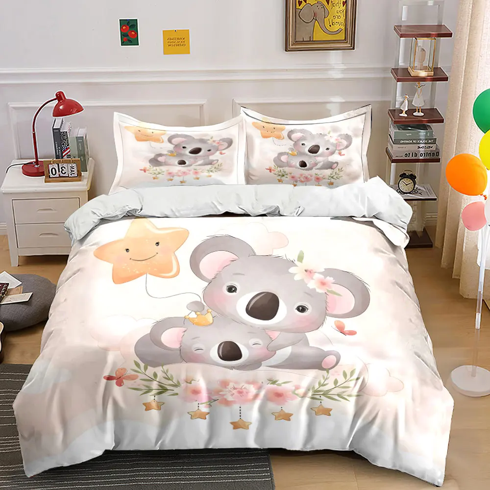Cute koalas with star balloon Pattern Duvet Cover Set Digital Print Colorful Polyester Bedding with Zipper Closur for kids gifts