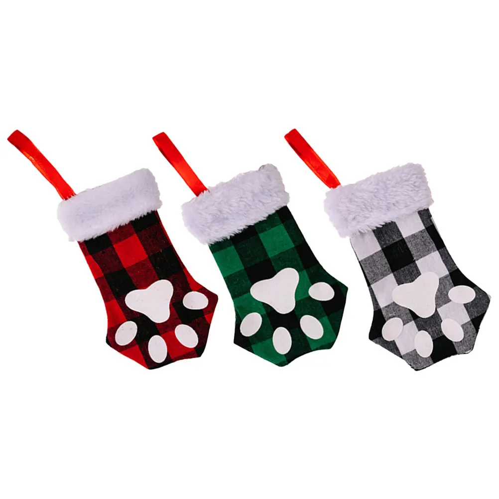 

3Pcs Decorative Xmas Stocking Cat Claw Print Hanging Sock for Gift Favors Christmas Tree Decor Holiday Party Ornament