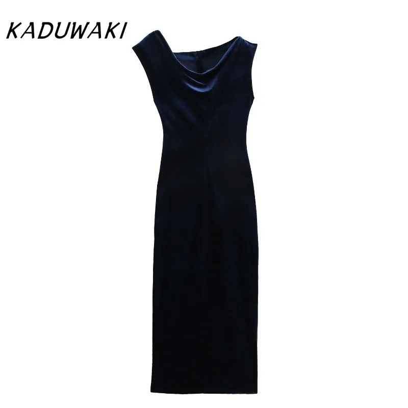 KADUWAKI Autumn Women Deep Blue Velvet Dress Sexy Casual Slim Asymmetrical Midi Dress Basic Vintage Sleeveless Dress فساتين ٢٠٢٢