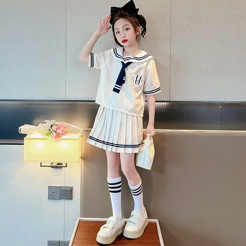 2024 Girls Classic Clothes Set Teenage Summer JK Uniform  Design Short Sleeves Top And Skirt 2Pcs Suits School Uniform With Tie