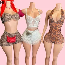 HLJ Y2k Sexy Leopard Print 2 Piece Sets Woman Outfit Spaghetti Strap Ruffle Patchwork Crop Top + Shorts Suits Female Spring New