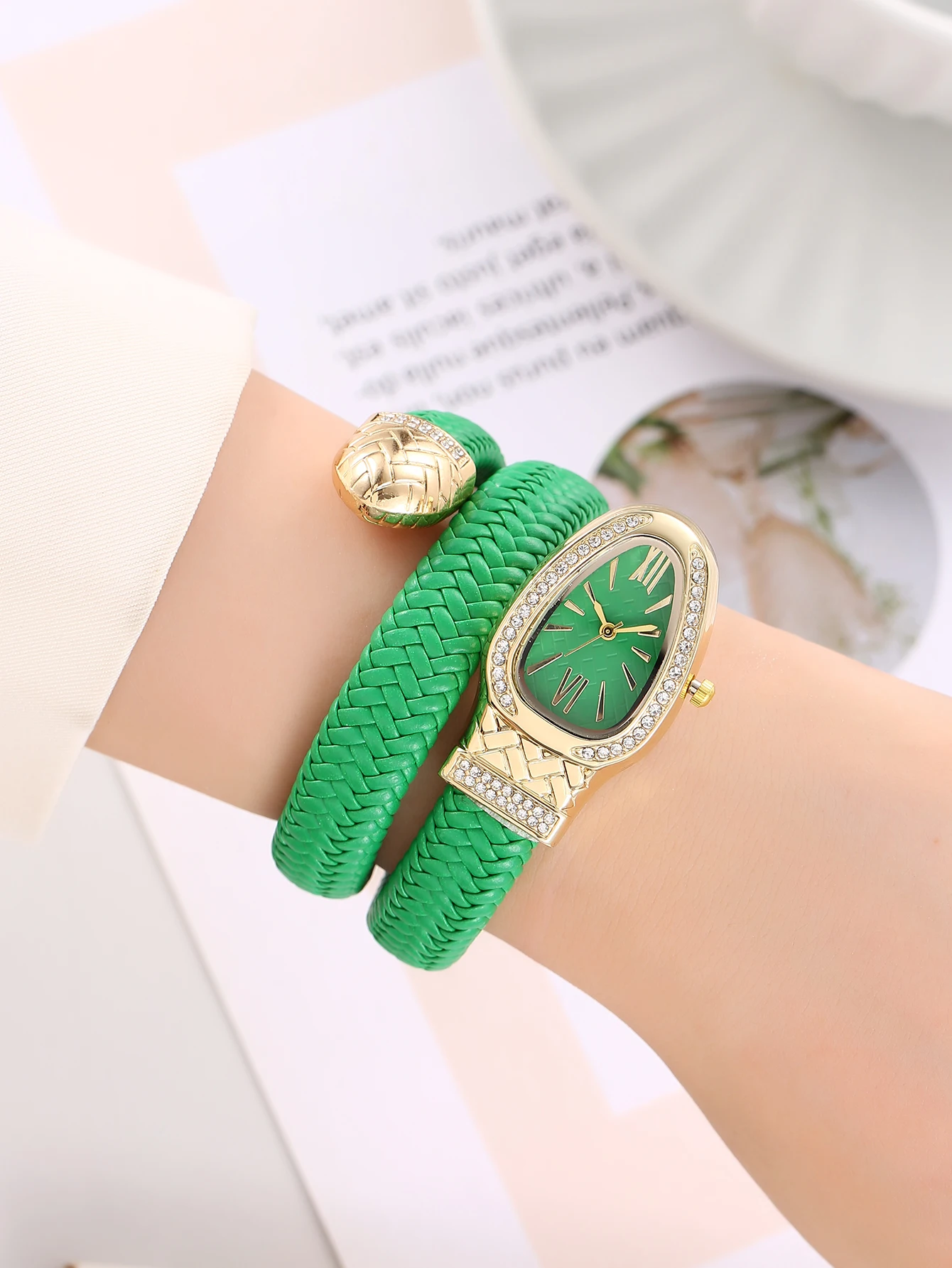 Women Snake Head Bangle Quartz Watch, Rhinestone Roman Dial Braided Wrap Wristwatch
