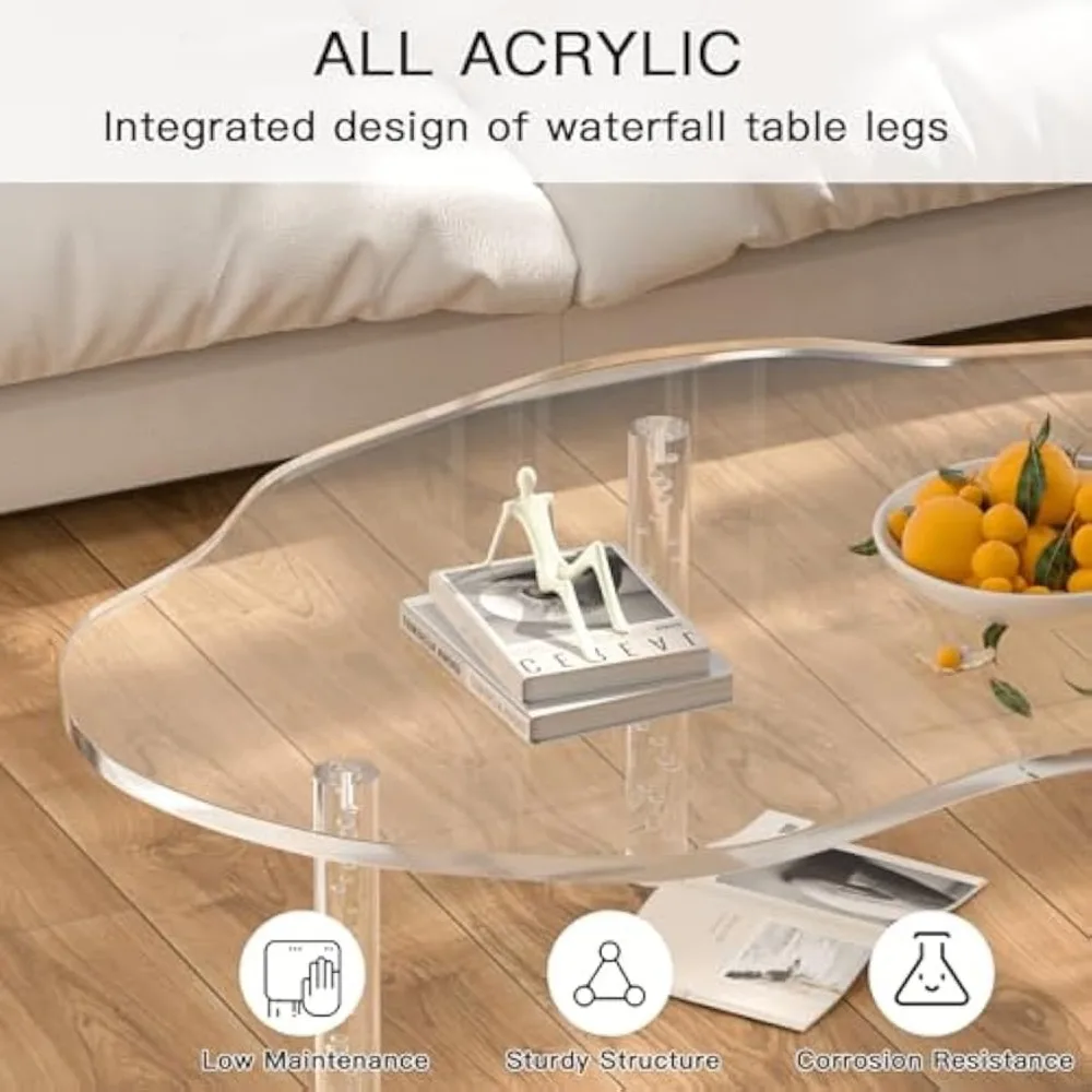 Acrylic Cloud Shaped Coffee Table, Modern Irregular Waterfall Transparent Coffee Table Furniture, with 3 Solid Bubble Legs