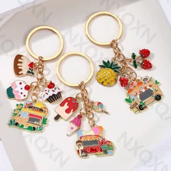 Cute Car Ice-cream Strawberries Pineapples Cake Enamel Keychain Fruit Desserts Key Ring For Women Men Handmade DIY Jewelry Set