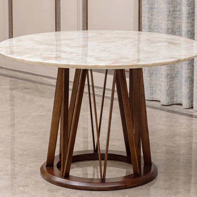 

New Design Modern Dining Leather Chair Wooden Base Round Marble Dining Table Set 6 Chairs