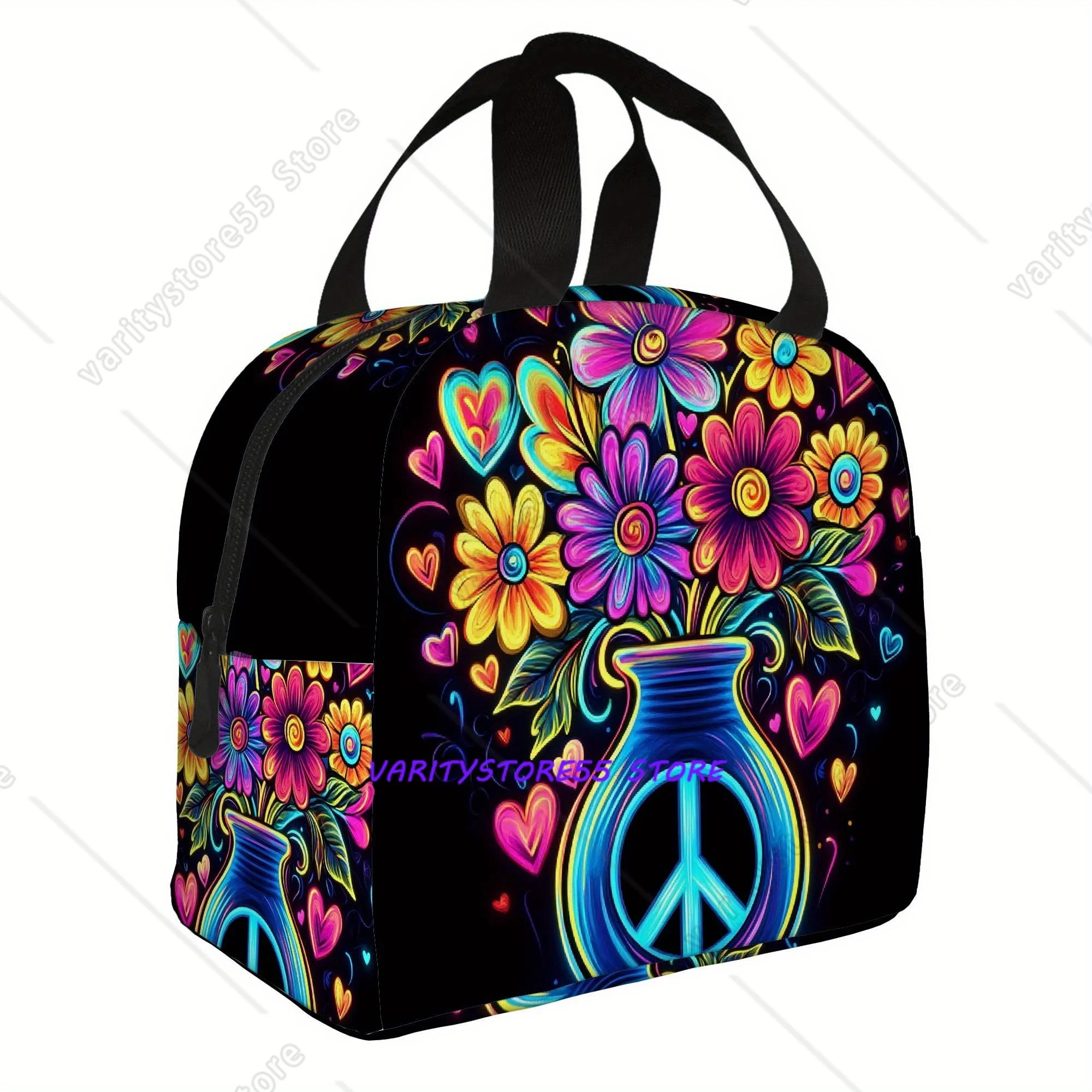 

Сумка для обеда с цветочным узором и символом мира, термосумка для подростков, изолированная сумка-холодильник для взрослых, портативная сумка-термос для использования на улице