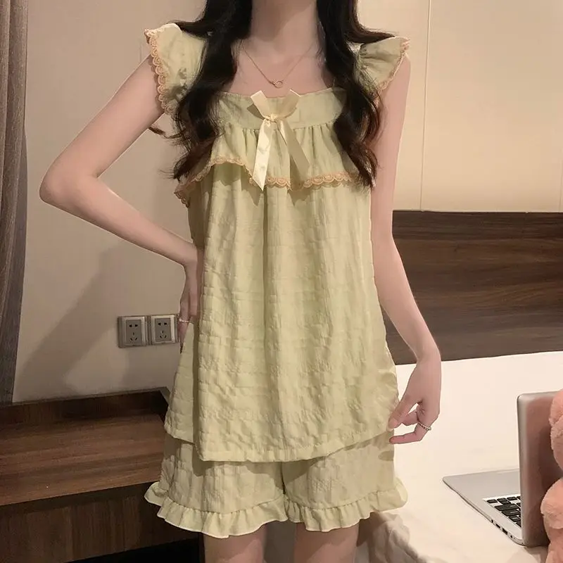 

Корейские пижамные комплекты в стиле принцессы, новый летний жилет, шорты, домашний костюм, комплект из двух предметов, женские стильные пижамы, женская ночная одежда, одежда