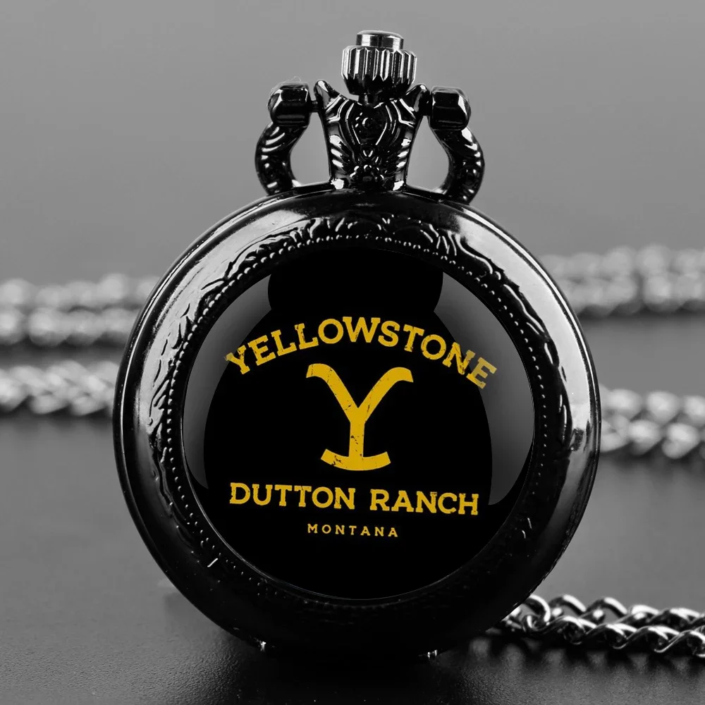 Yellowstone Dutton Ranch Glass Dome Pocket Watch with Chain Necklace Vintage Quartz Pendant Watches Mens Women Gift