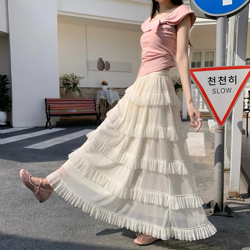 

Ele Me A-Line Midi Skirt Women's Spring 2026 High Waist Slim Fit Multi-Layered Cake Skirt Korean Sle Commute
