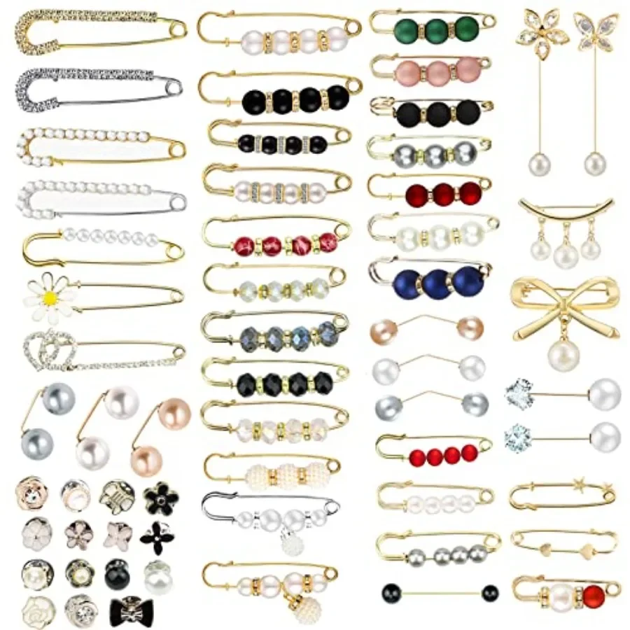 

60 Pcs Pearl Brooch, Pant Waist Tightener Safety Pins, Faux Pearl Brooches and Pins for Women Girls Buttons Sweater Shawl Hat P