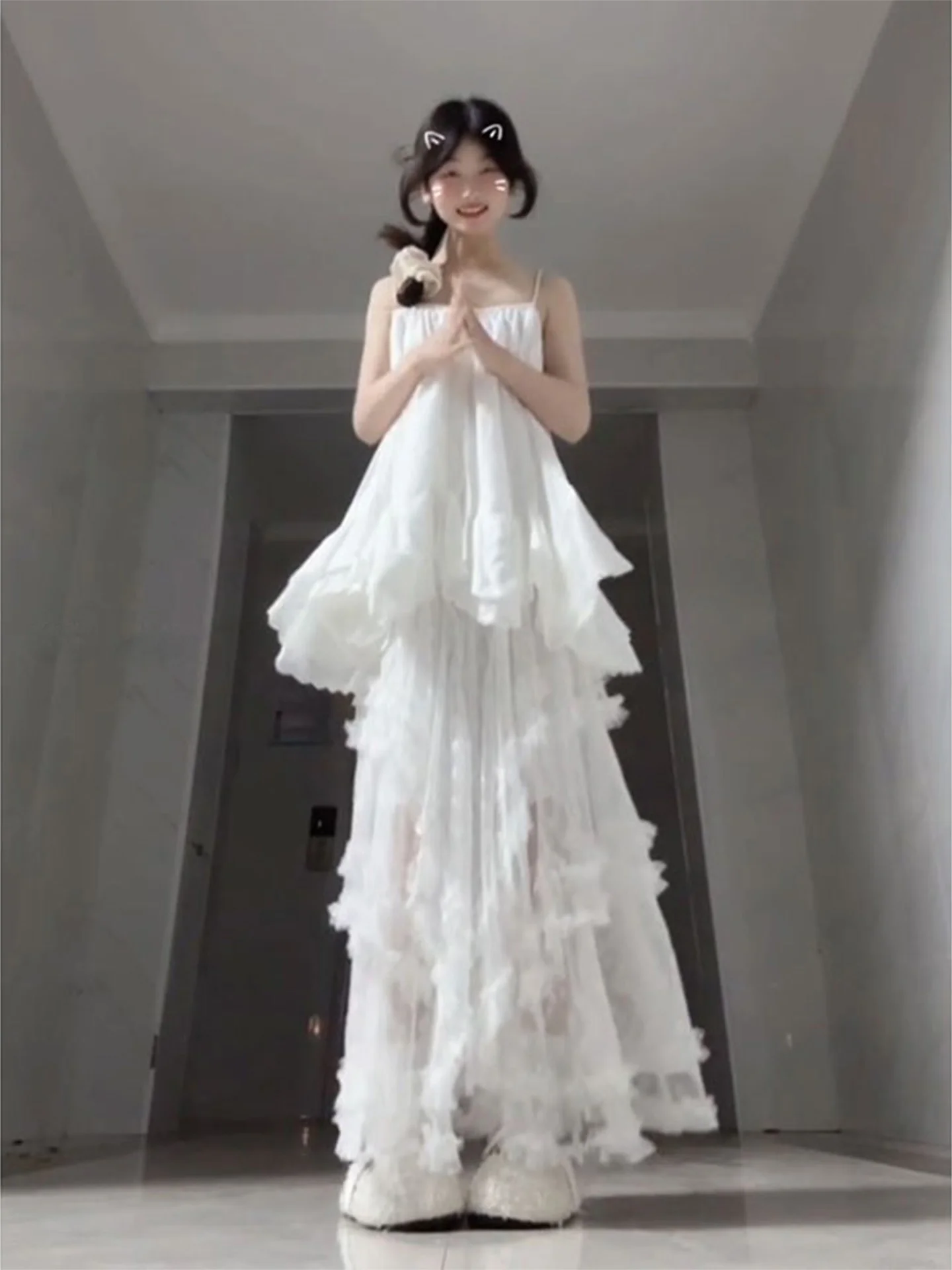 White Lace A-Line  Skirt Women's Summer New Irregular Princ Puffy Cake Long Skirt High Waist Korean Sle Daily Wear