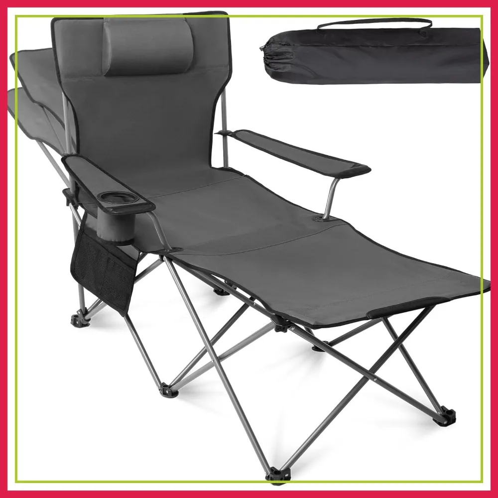 

Reclining Beach Chair, Adjustable 90-135° Backrest Camping Lounge Chair with Foot Rest & Detachable Pillow - Folding 6-Leg, Grey