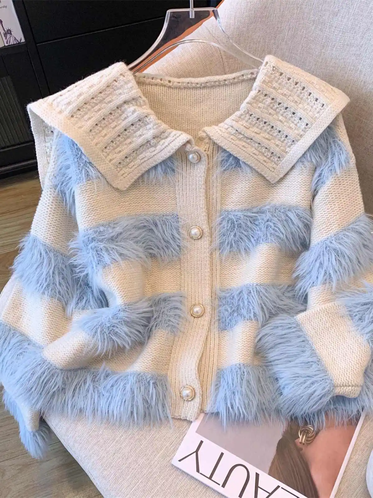 Korean Peter pan Collar Sweater Coat Women Fashion Fur Patchwork Single Breasted Knit Cardigan Autumn Girl Sweet Knitwear