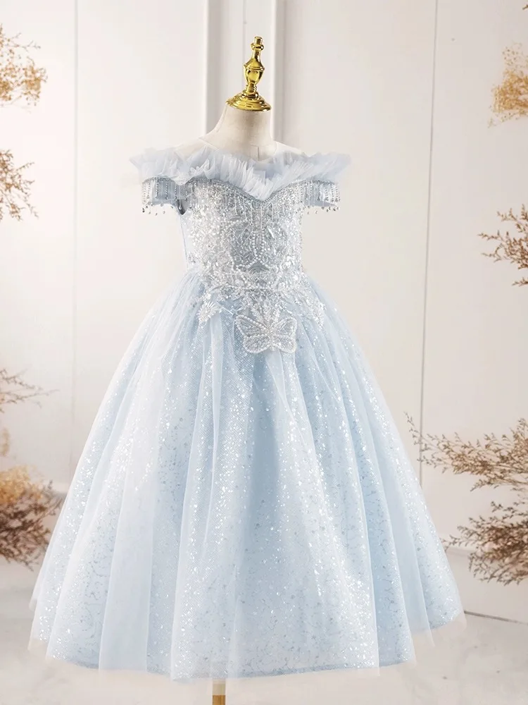 

Teenagers Girl Luxurious Dress for Formal Parties Children Sequins Tulle Maxi Dresses for Banquet Kids Grad Night Ball Gown