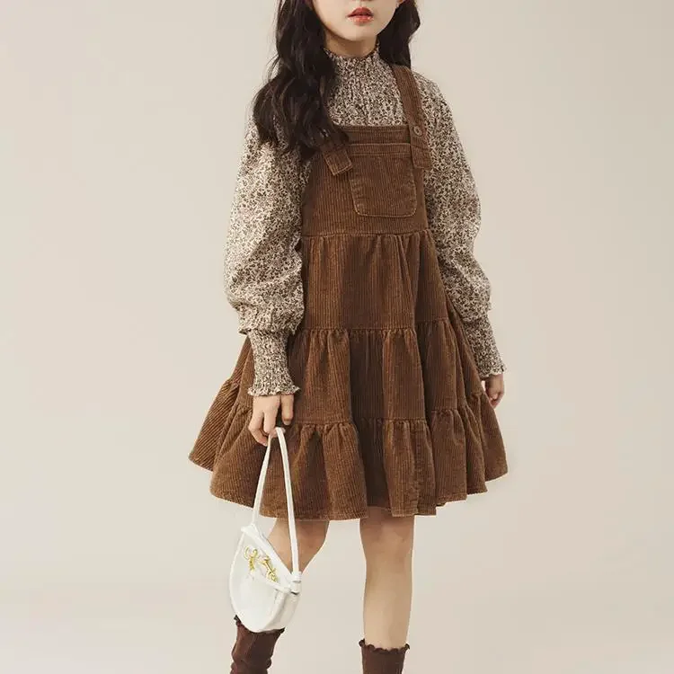 Girls’ 2-Piece Western Pinafore Dress Set – Vintage Floral Suspenders Overalls + Matching Top, Spring Autumn Outfit