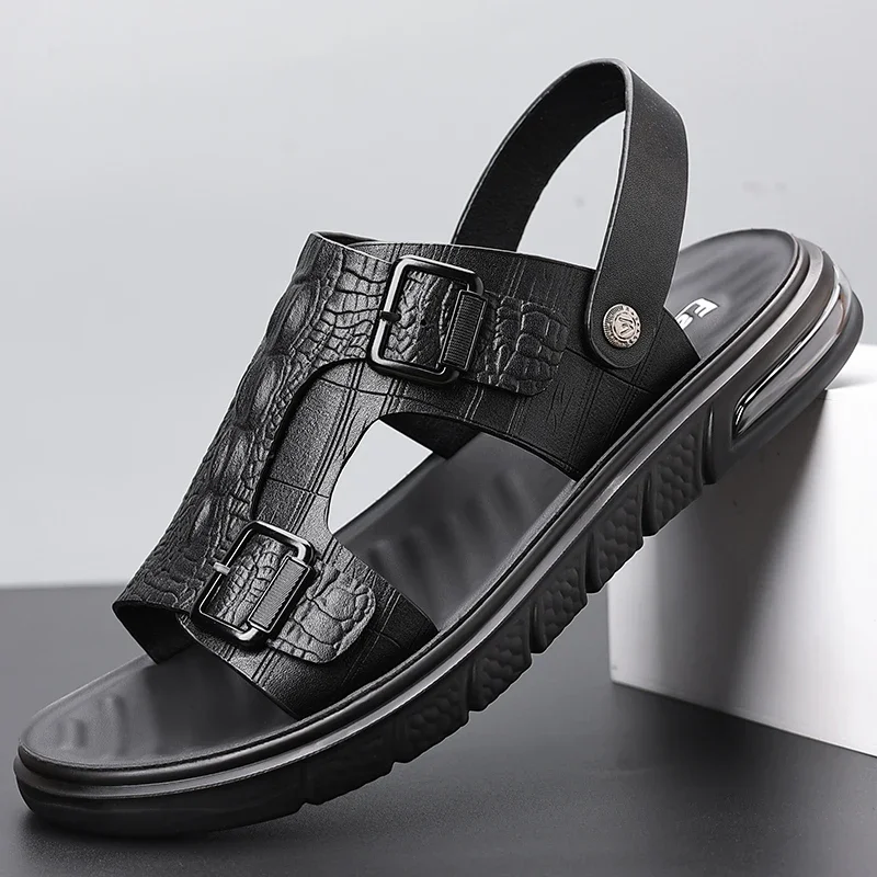 

Summer Cracked Skin Men's Open Toe Slippers Leather Mens Beach Sandals High-quality Double Buckle Business Sandals Walking Shoes