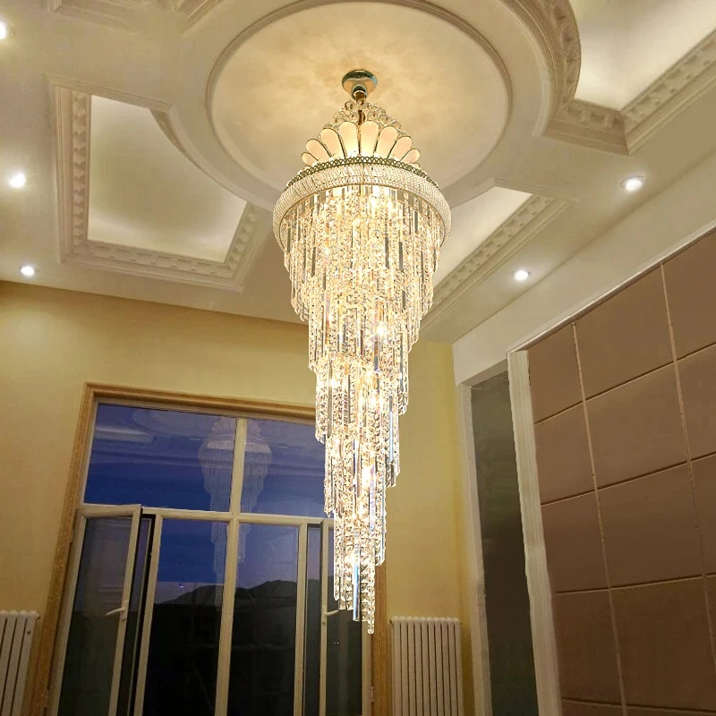 Stair Beaded Shiny Crystal Chandelier Gold Long Chandelier European Fashion Modern Pendant Lighing For Living Room Villa