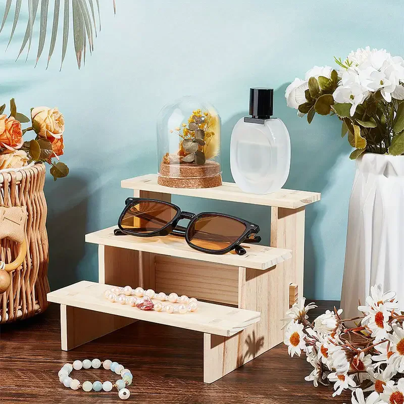 Wooden Multilayer Riser Display Rack Multifunction Jewelry Dessert Cupcake Collectibles Storage Stand Organizers Window Showcase