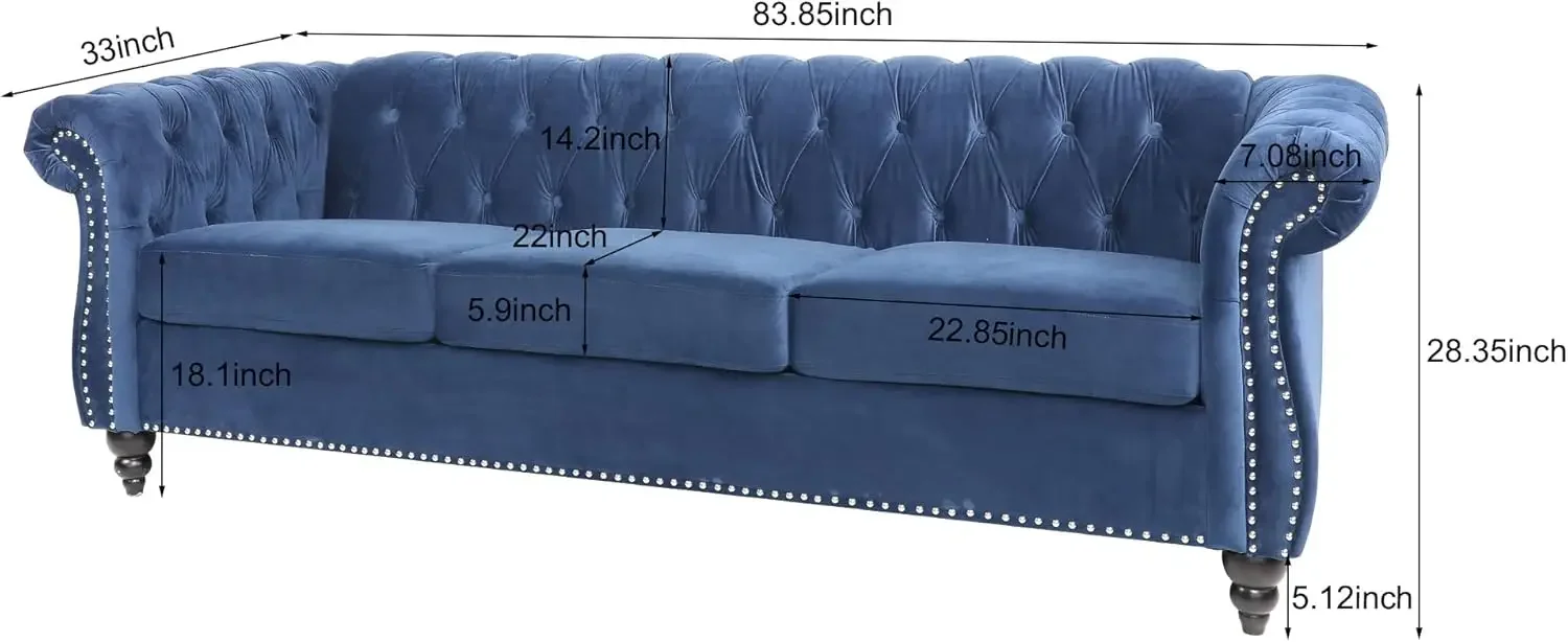 Scroll Arms and Wood Legs for Living Room Bedroom (Blue), Blue Velvet, 84 In Chesterfield Sofa