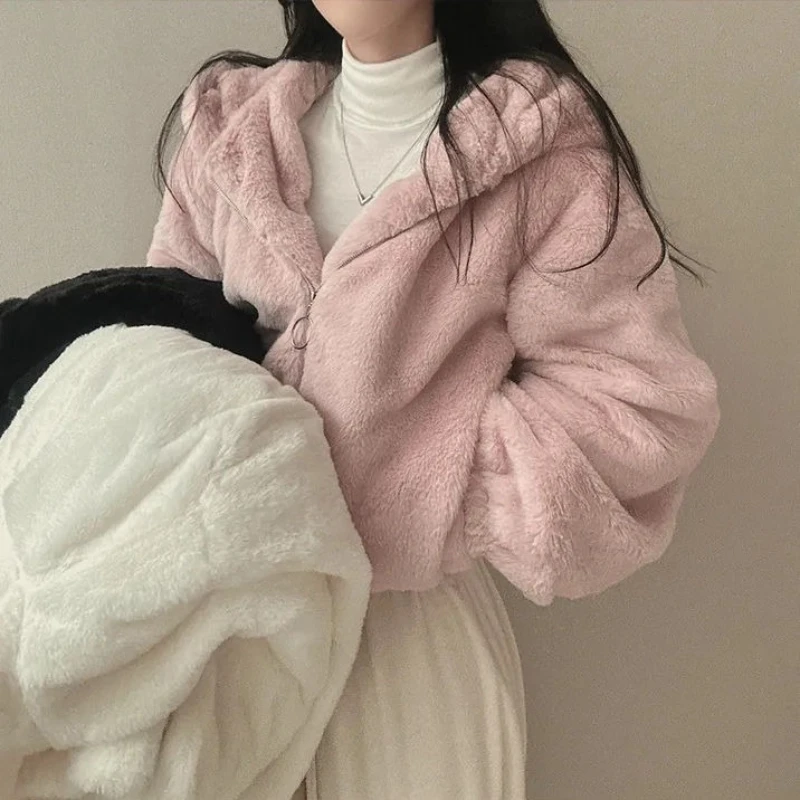 Podzimní zimní kabát s kapucí, teplý, volný, z umělé králičí kožešiny, zahušťovací korejský plyšový zimní kabát vysoké kvality - náhled 4