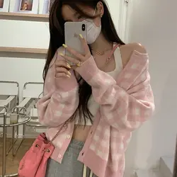 Soft Milk Plaid Knit Sweater Jacket Artistic and Fresh Plaid Sweater for Outerwear New Western-style Cardigan