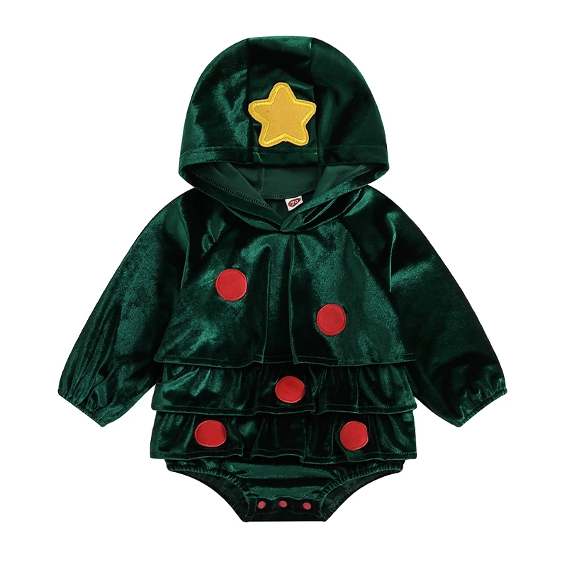 

Baby Girls Rompers Christmas Clothes Christmas Tree Shaped Star Dot Patch Hooded Long Sleeve Toddler Fall Bodysuits