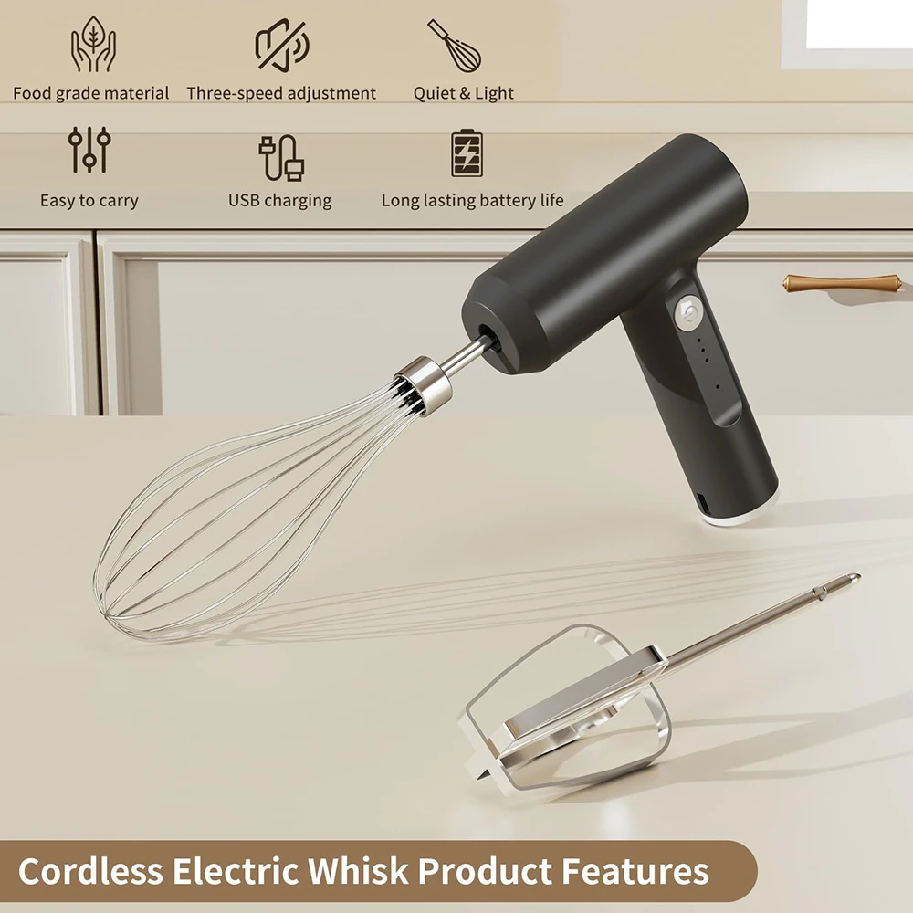 Hand Mixer Wireless Electric Whisk with 3-speed Portable Handheld Electric Food Mixer for Egg Cake Cream Whipping Mixing