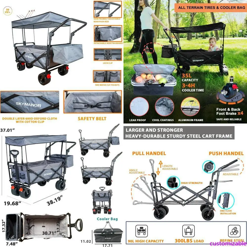 

Heavy-Duty Collapsible Garden Wagon with Removable Canopy and All-Terrain Wheels for Utility Storage