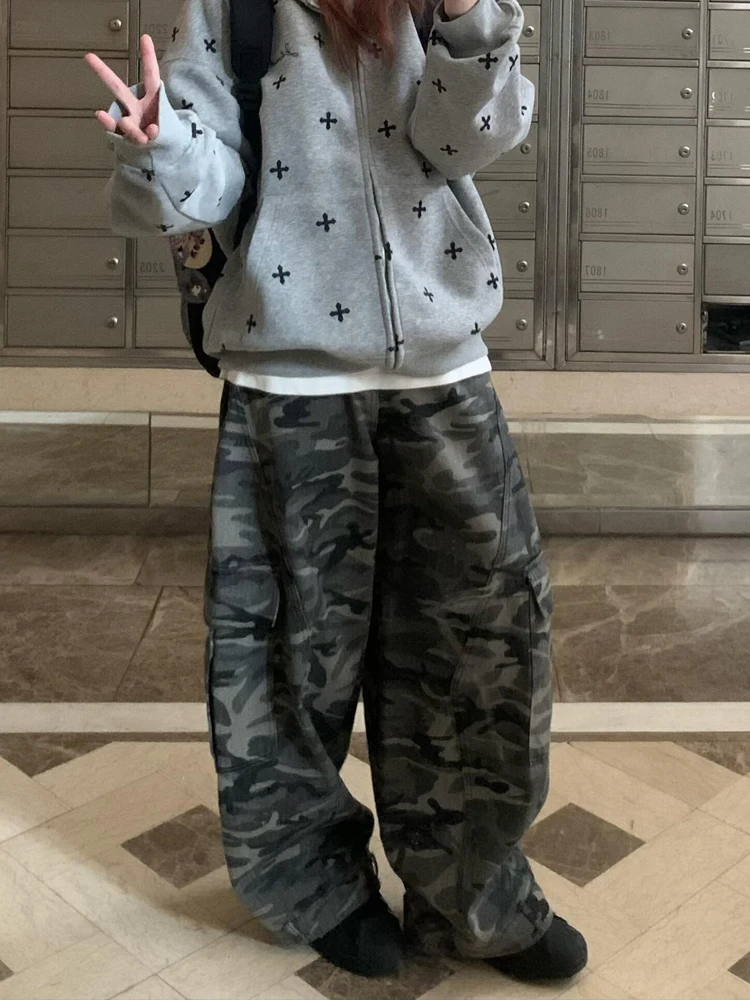 

American High Street Camouflage Style Women's Jeans Spring Design Loose Slim Wide Leg Floor-Length Pants Knife Bend