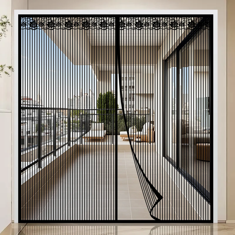 Extra Large Summer Black Striped Magnetic Screen Door Mesh Curtain for Home, No Drilling Required, Mosquito Proof Breathable Sof