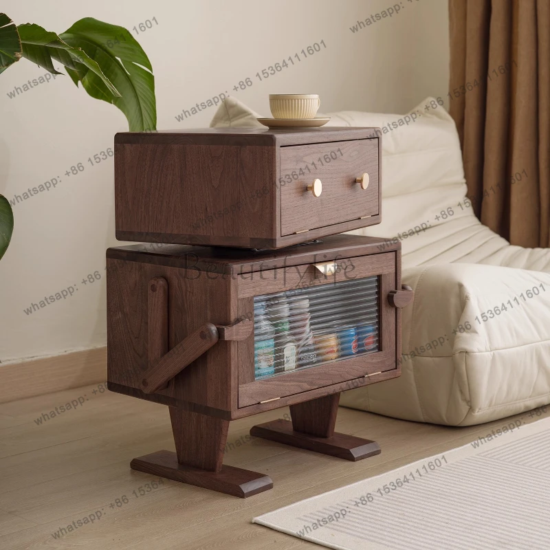 Black Walnut Nightstand Solid Wood Robot Shaped Sideboard Cartoon Creative Bucket Cabinet Storage Furniture Rotatable Modern