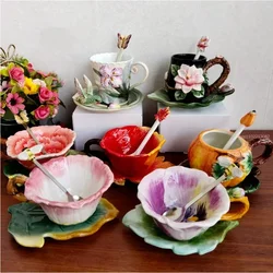 Creative Sunflowers Roses Ceramic Cups Family Afternoon Tea Coffee Cup SetElegant French Tea Set MugsButterfly Spoon