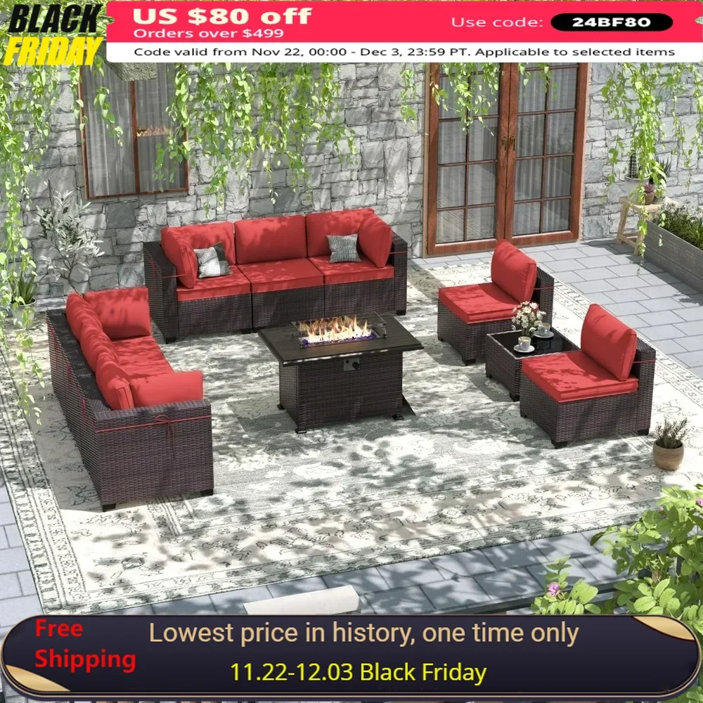 

10 Pieces Patio Furniture Set w/55,000 BTU Propane Fire Pit Rattan Wicker Sofa Set All Weather Couch Conversation Sets